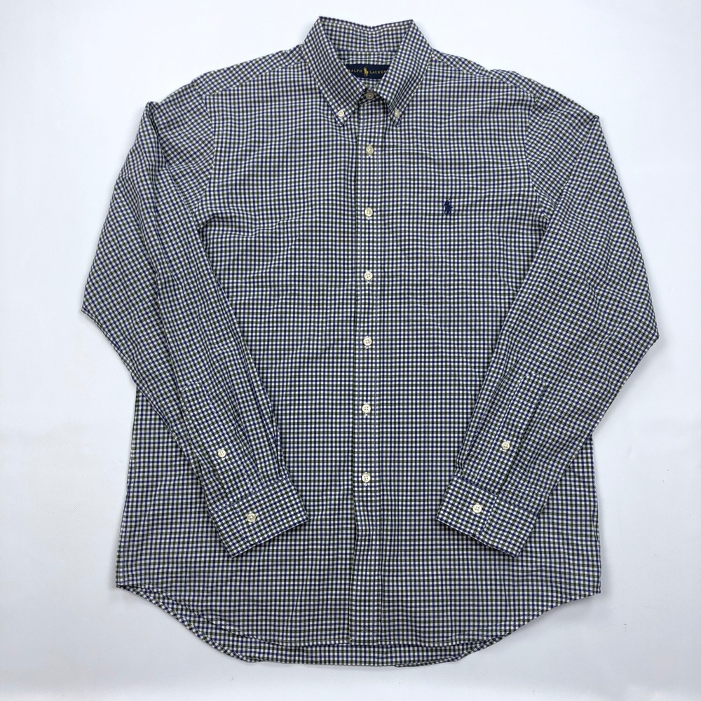 Ralph Lauren Mens Large Gingham Check Button Down Shirt Navy Green Blue LG